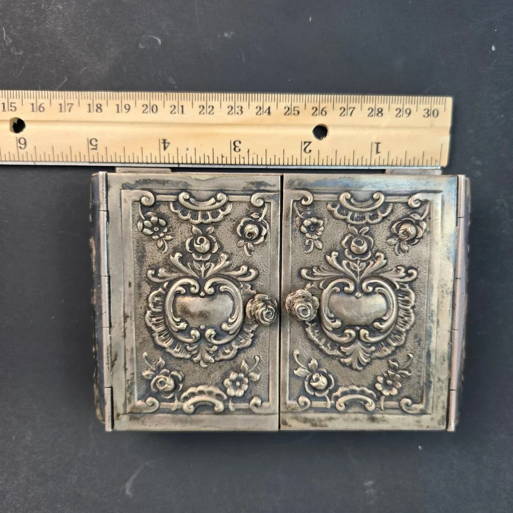 Antique German 800 Silver Double Door Box Art Nouveau Floral Repousse Case